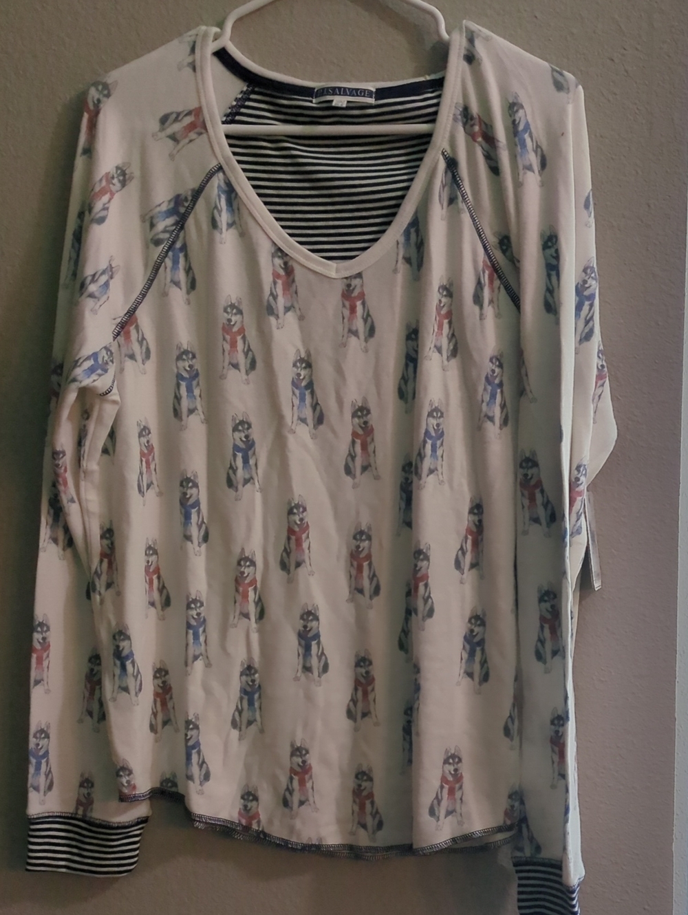 P.J. Salvage Cream Long Sleeve Top with Husky Print and Blue & Red Accents